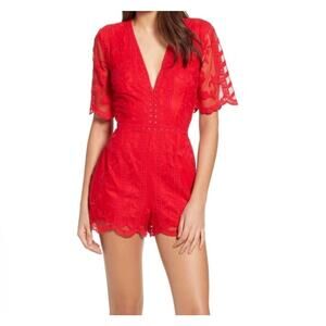 Socialite Lace Romper Overlay Plunge V-Neck Sheer Floral Red Small Cottagecore